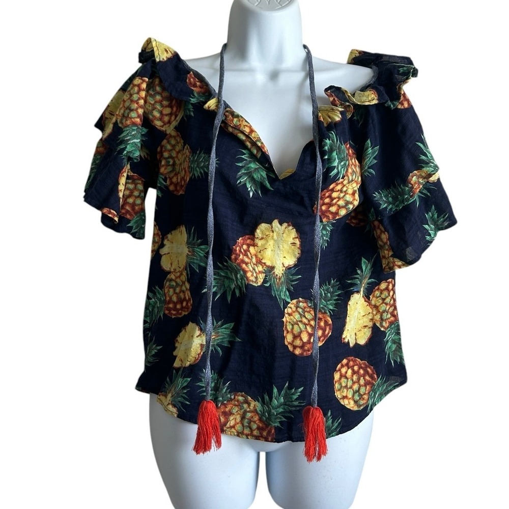 THML Women Tropical Fruit Pineapple Cold‎ Shoulder Top XS Navy Tassel Ruffle